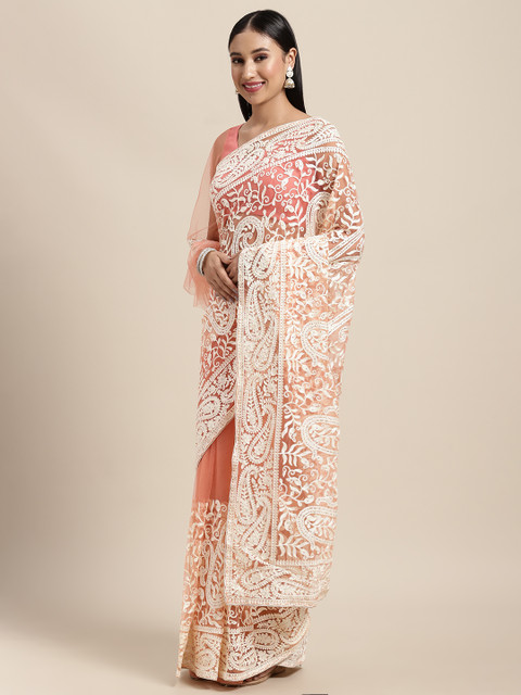 Tikhi Imli Peach-Coloured & Cream-Coloured Embroidered Net Heavy Work Saree 
Tikhi Imli Peach-Coloured & Cream-Coloured Embroidered Net Heavy Work Saree