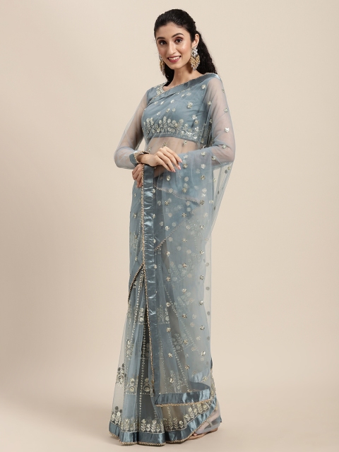 Tikhi Imli Blue Embellished Sequinned Net Fusion Saree
