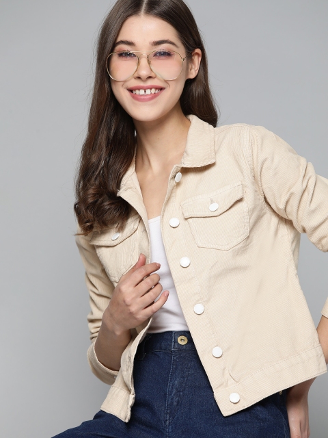 Mast & Harbour Women Cream-Coloured Solid Corduory Cotton Tailored Jacket