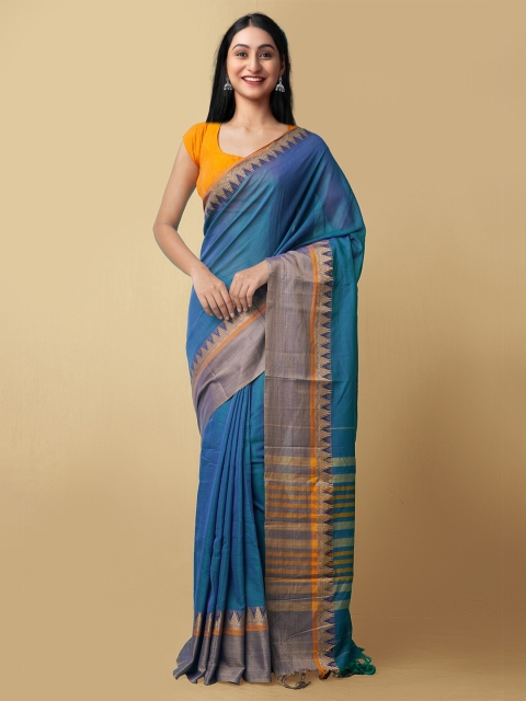 Unnati Silks Blue & Yellow Pure Cotton Kanjeevaram Saree