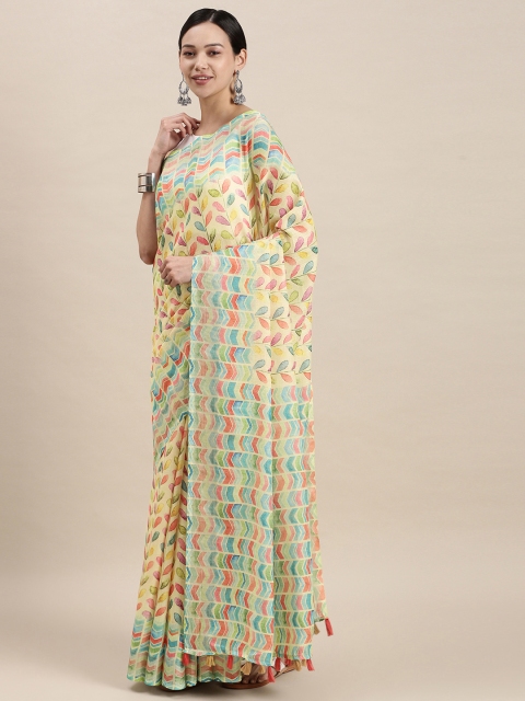 aamna Beige & Pink Floral Linen Blend Ikat Saree