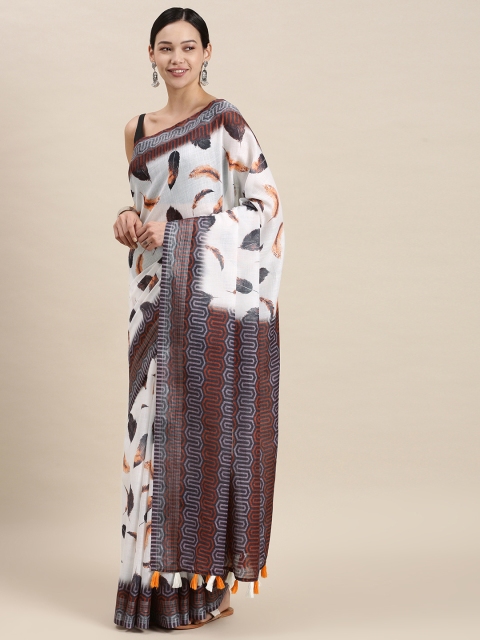 aamna White & Purple Linen Blend Ikat Saree