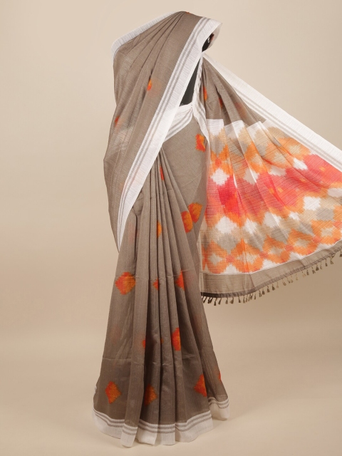 Pothys Grey & Orange Floral Jute Silk Saree