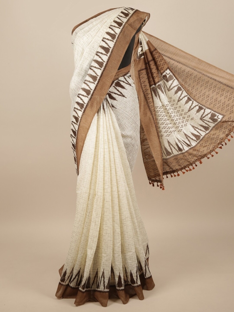 Pothys Off White & Brown Checked Jute Silk Saree