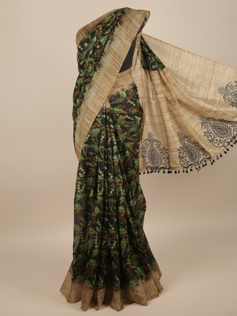 Pothys Black & Green Floral Jute Silk Saree