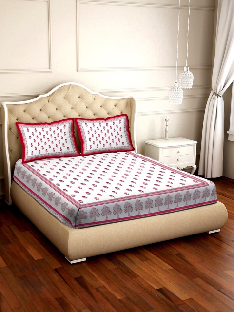 BELLA CASA Pink & White Printed 180 TC Pure Cotton King Bedsheet with 2 Pillow Covers