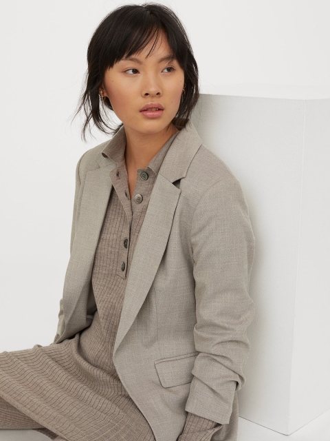 H&M Women Grey Gathered-Sleeve Jacket