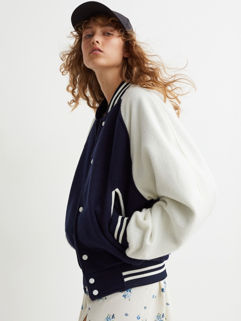 H&M Women Blue Oversized Baseball Jacket