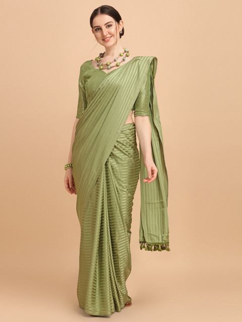 Amrutam Fab Green Striped Sequinned Satin Silk Saree 
Amrutam Fab Green Striped Sequinned Satin Silk Saree