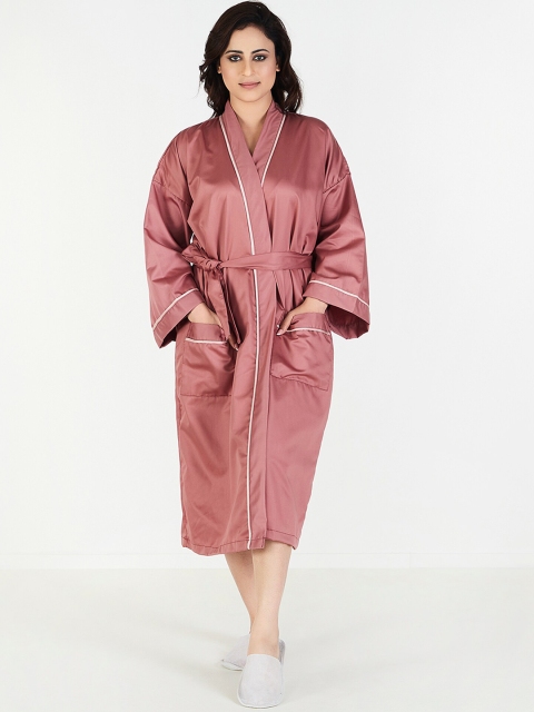 Trident Women Pink Solid Cotton Bath Robe