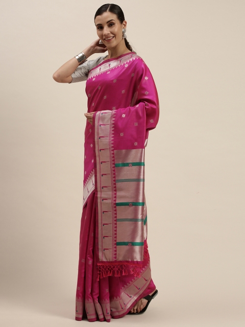 Mitera Pink & Silver-Toned Woven Design Zari Silk Blend Saree
