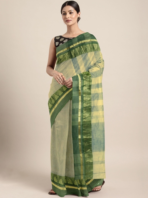 Kalakari India Green & Beige Woven Design Silk Cotton Taant Saree