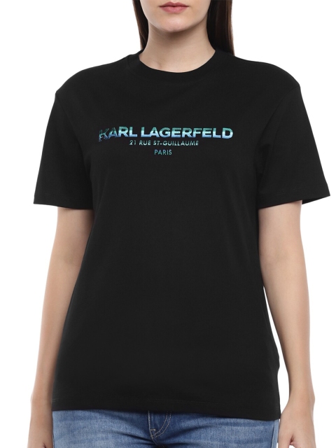 Karl Lagerfeld Women Black Brand Logo Printed Cotton T-shirt
