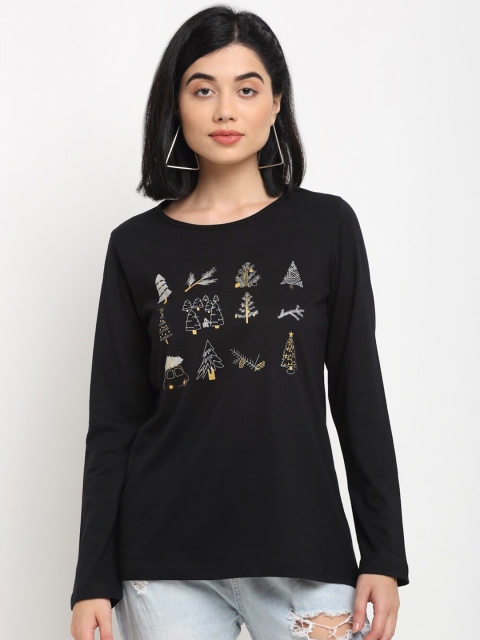 Kanvin Women Black Printed T-shirt