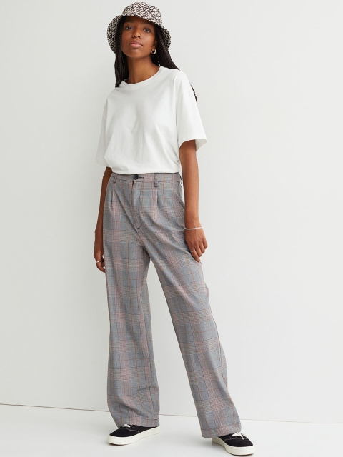 H&M Women Black & Brown Checked Tailored Trousers