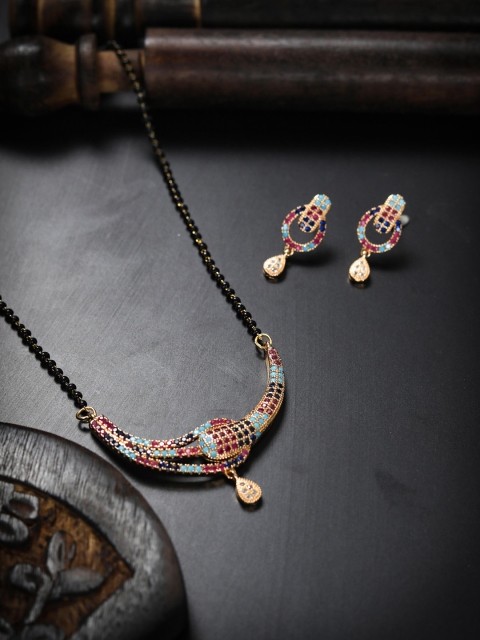 Priyaasi Rose Gold-Plated Blue & Black AD-Studded & Beaded Mangalsutra With Earrings
Priyaasi Rose Gold-Plated Blue & Black AD-Studded & Beaded Mangalsutra With Earrings