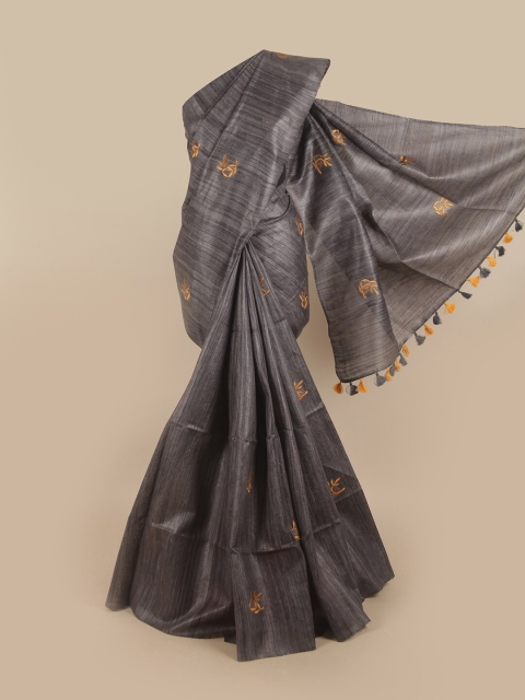 Pothys Grey & Yellow Floral Embroidered Jute Silk Saree