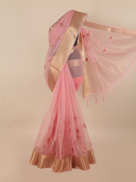 Pothys Pink & Gold-Toned Floral Embroidered Zari Organza Saree