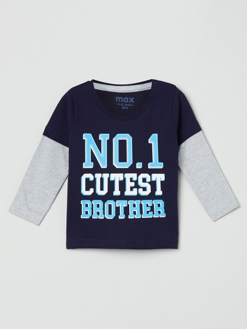 max Boys Navy Blue Typography Printed V-Neck Applique T-shirt