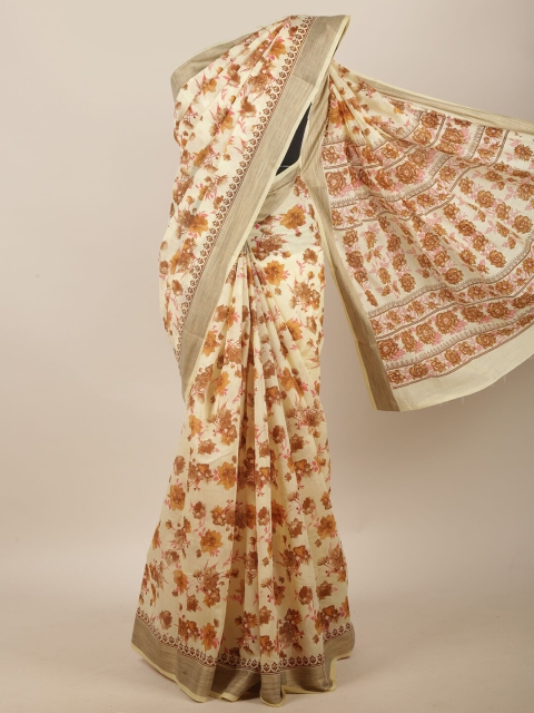 Pothys Cream-Coloured & Mustard Yellow Floral Printed Saree