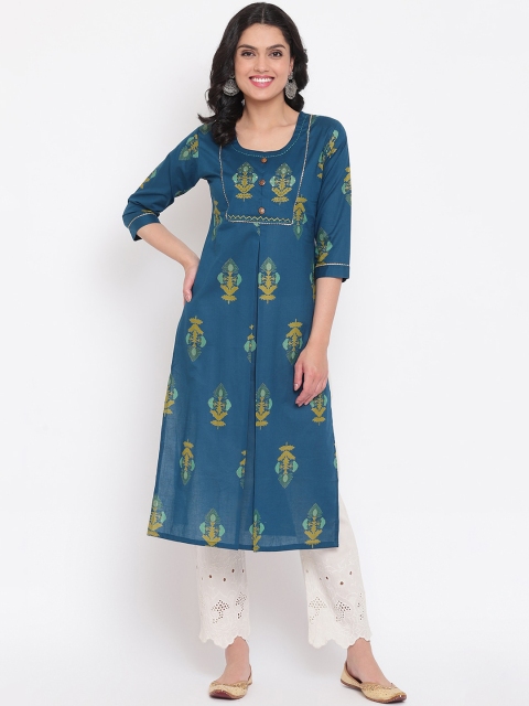 Napra Women Teal Blue Ethnic Motifs Printed Kurta