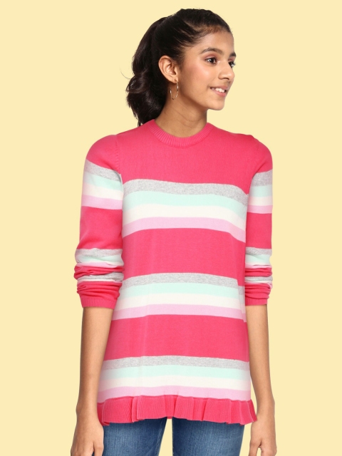 United Colors of Benetton Girls Pink & Green Striped Pure Cotton Pullover