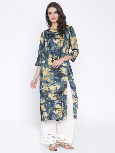 Anouk Women Navy Printed A-Line Kurta, Navy blue