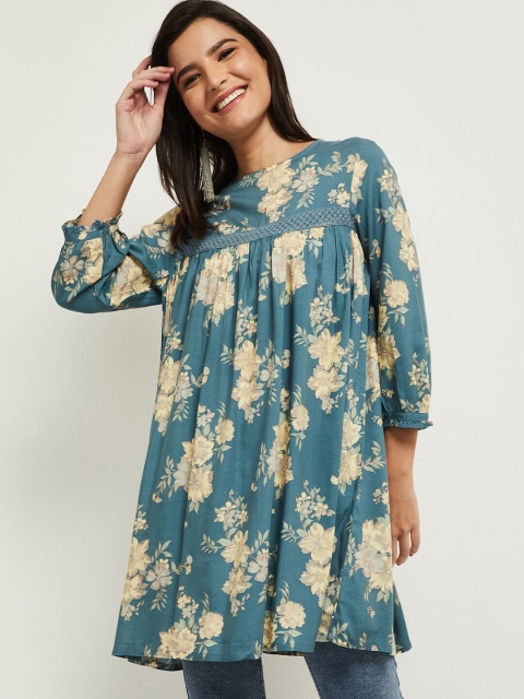 max Blue Floral Printed A-Line Longline Top