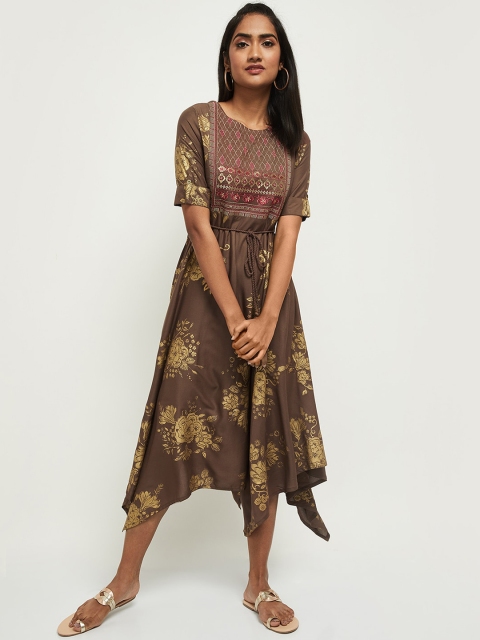max Brown Floral Embroidered Midi Dress
