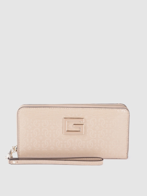 GUESS Women Cream-Coloured Brand Logo Textured Zip Around Wallet