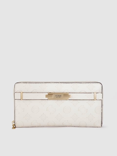 GUESS Women Off-White Geometric Textured Zip Around Wallet