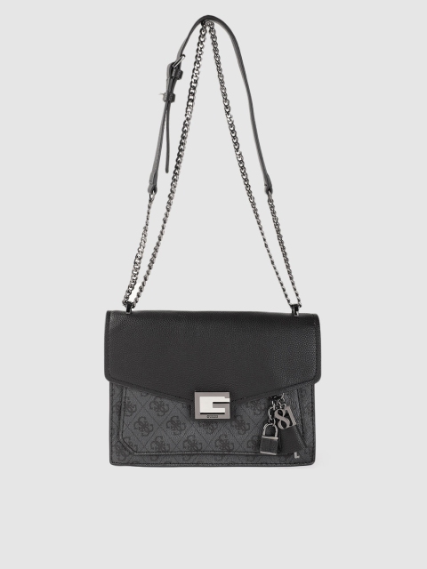GUESS Charcoal Grey & Black Brand Logo Print Shoulder Bag