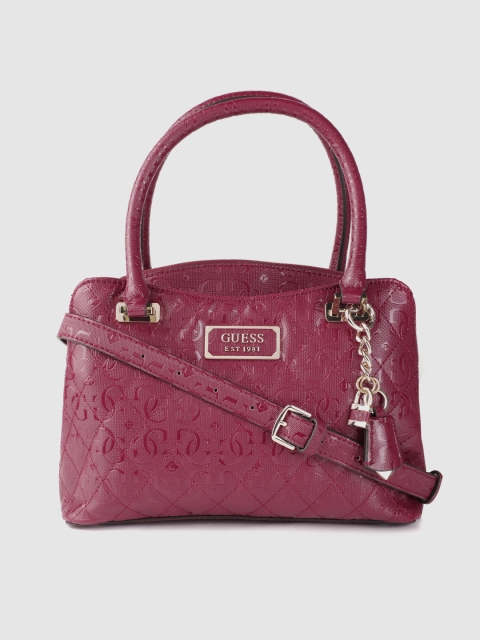GUESS Women Magenta Brand Logo Print Quilted Structured Handheld Bag