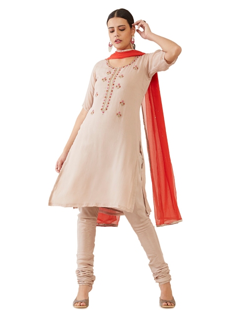 Soch Beige & Red Embroidered Unstitched Dress Material