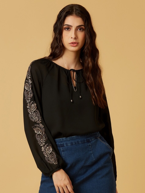 MARCA Disati Black Tie-Up Neck Regular Top
