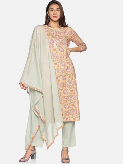 Palakh Women Yellow & Green Floral Printed Pure Cotton Kurta with Trousers & Dupatta
Palakh Women Yellow & Green Floral Printed Pure Cotton Kurta with Trousers & Dupatta