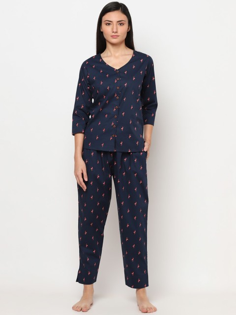 TRUNDZ Women Navy Blue & Pink Organic Cotton Printed Night suit