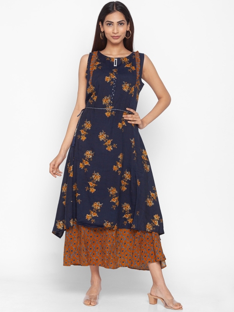 ZOLA Women Navy Blue & Orange Floral Printed Thread Work Kurta
