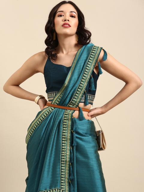 Sangria Teal Striped Zari Saree