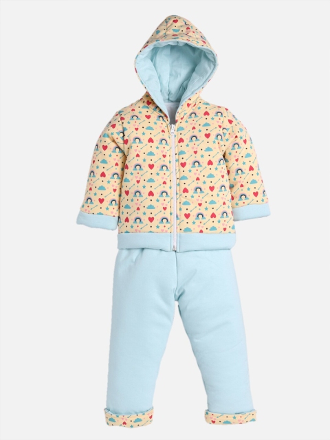 TAMBOURINE Girls Beige & Blue Printed Coat with Pyjamas
