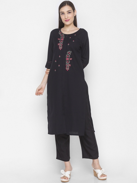 ZOLA Women Black Floral Embroidered Kurta