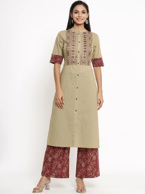 kipek Women Maroon & Beige Floral Printed Regular Pure Cotton Kurta with Palazzos