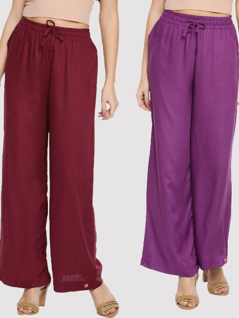TWIN BIRDS Women Pack Of 2 Burgundy & Maroon Palazzos