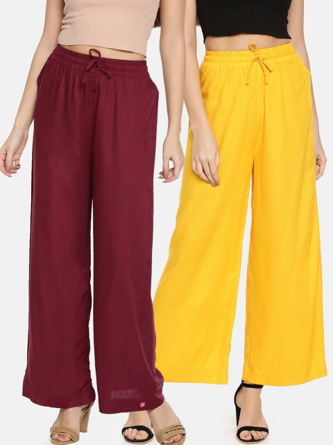 TWIN BIRDS Women Pack Of 2 Burgundy & Yellow Palazzos