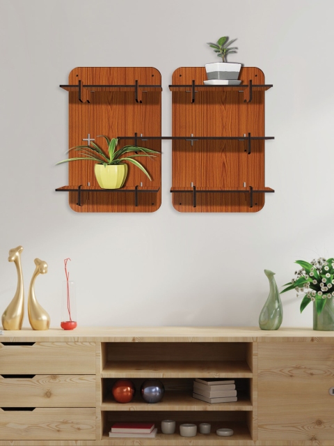 RANDOM Brown Set of 2 Rectangular Wood Modular Wall Shelves