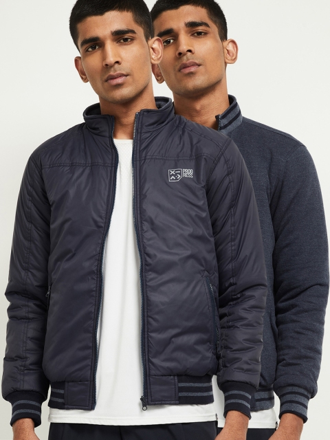 max Men Navy Blue Reversible Bomber Jacket