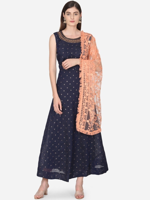 BOMBAY SELECTIONS Women Blue & Peach-Colour Embroidered Kurta with Churidar & Dupatta
BOMBAY SELECTIONS Women Blue & Peach-Colour Embroidered Kurta with Churidar & Dupatta
