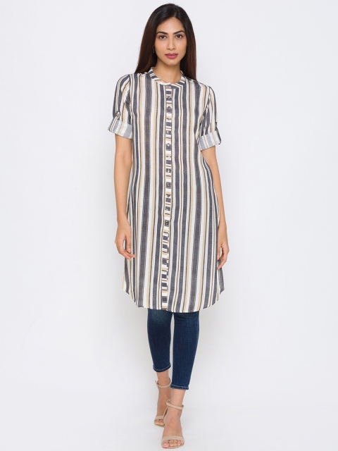 ZOLA Women Black Striped Shirt Style Longline Top