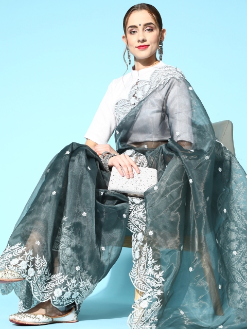 Mitera Floral Saree with Embroidered border, Charcoal