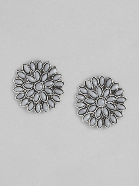 Anouk Grey Silver-Plated Stone Studded Oversized Floral Studs
